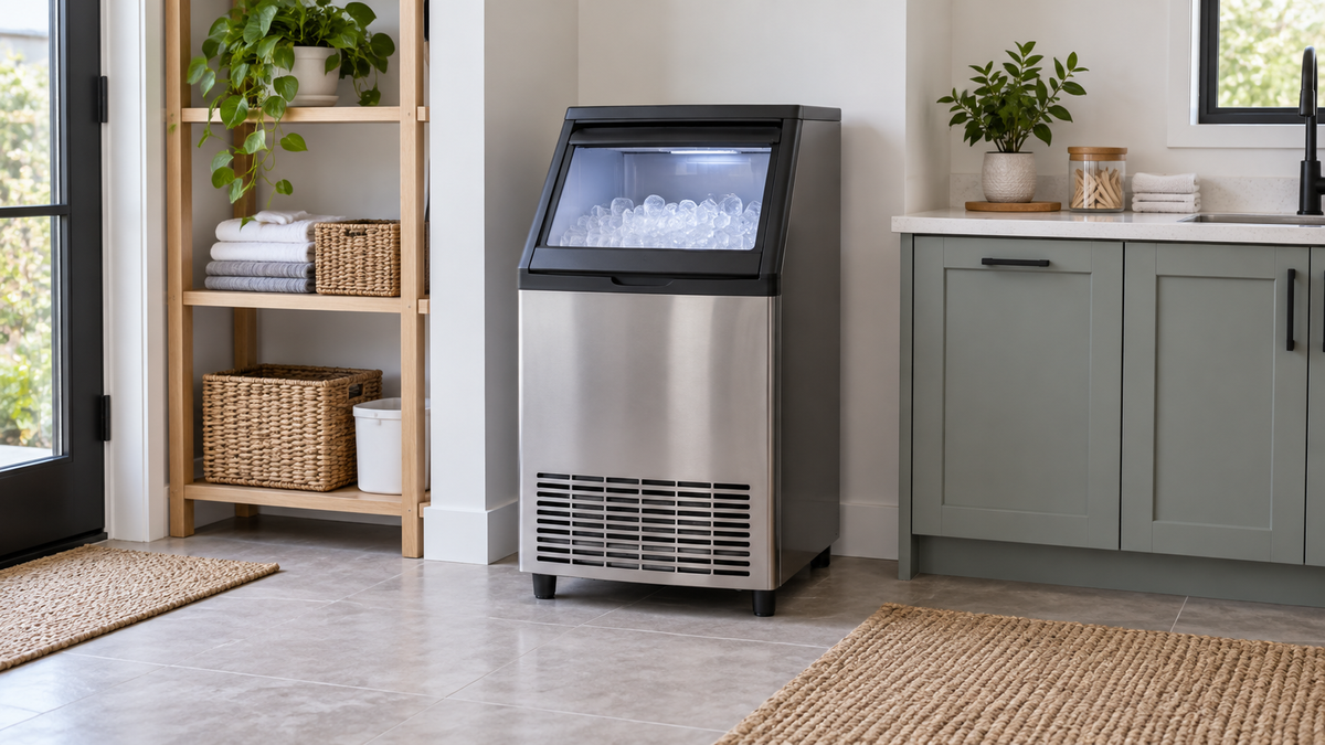 Freestanding unbranded ice maker installed with ventilation space in a bright modern home utility area