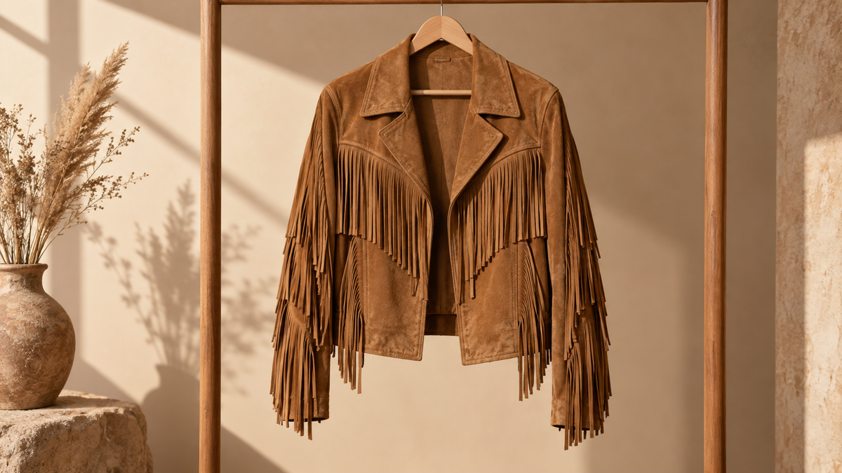 Unbranded brown fringe jacket displayed in a warm neutral studio