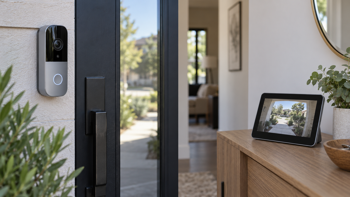 Unbranded front door security camera paired with a wireless indoor monitor in a home entryway