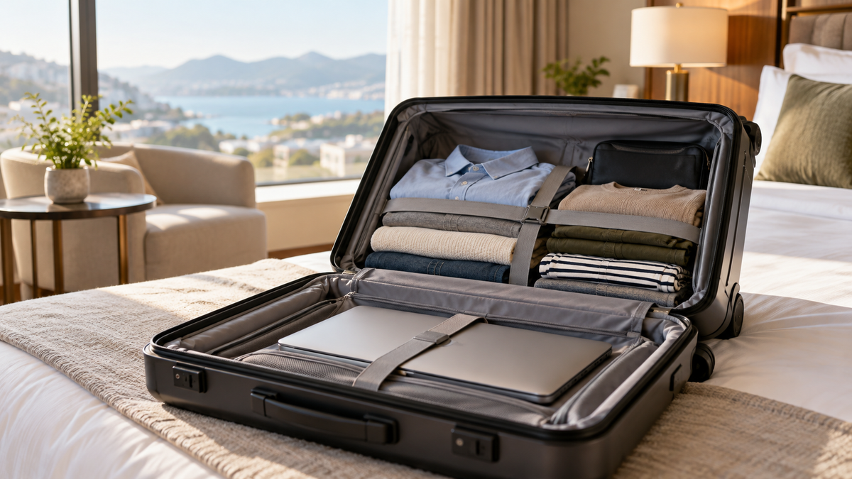 Front opening hard shell suitcase with organized clothing and laptop