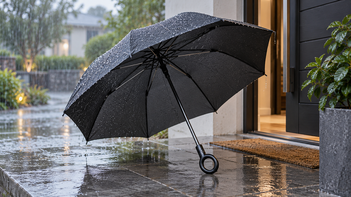 Automatic umbrella with ring handle open beside a doorway in rain