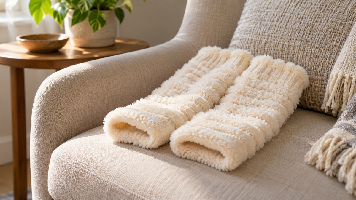 Cream fuzzy open-foot leg warmers folded on an upholstered chair