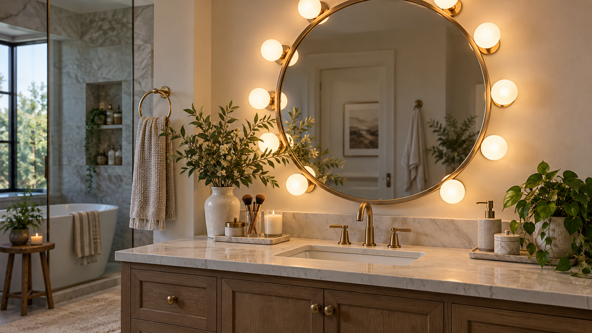 Round G25 smart bulbs illuminating a bathroom vanity mirror
