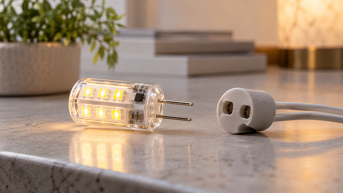 Unbranded compact G4 smart LED capsule bulb beside a small pin socket