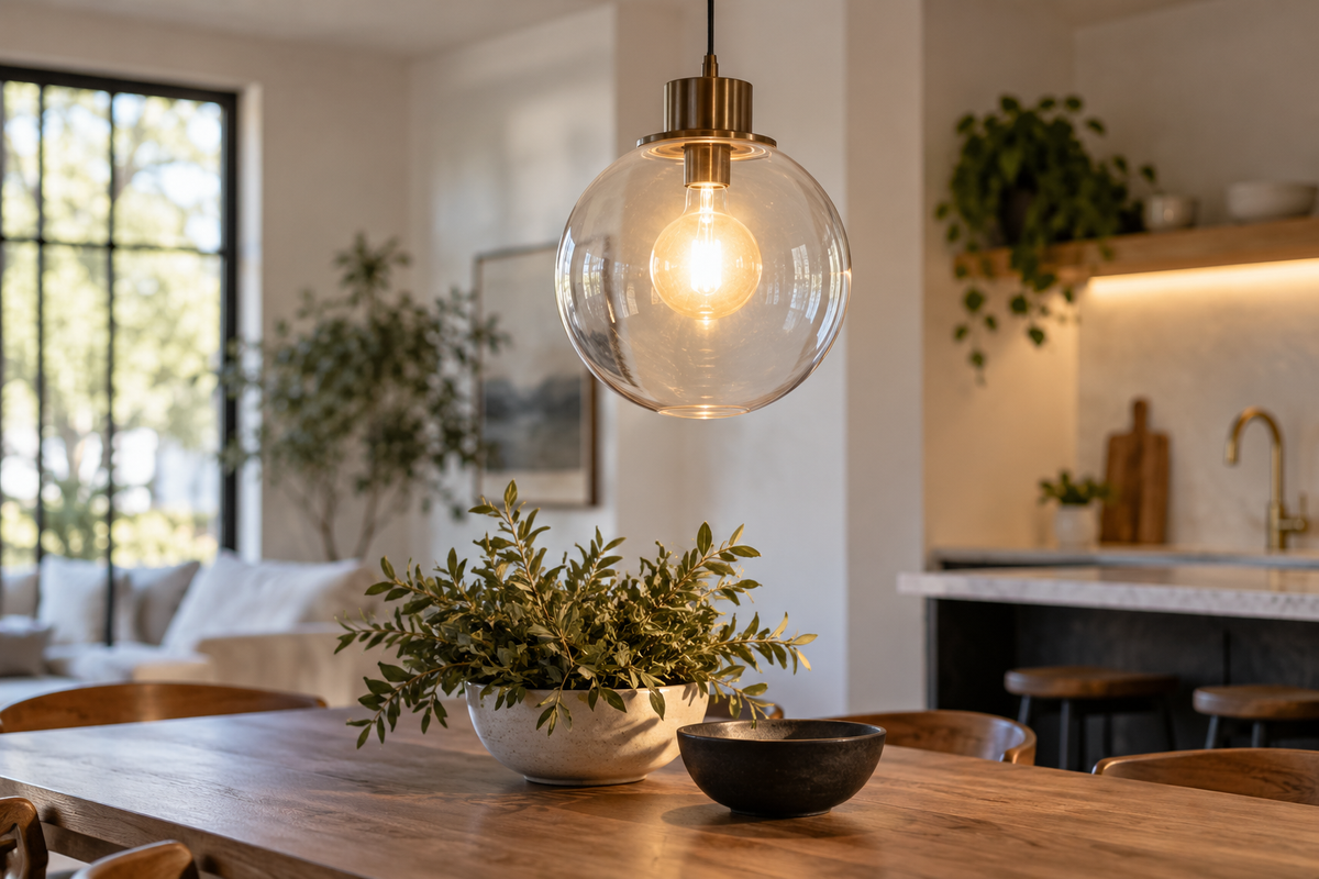 Unbranded G40 smart bulb glowing in a spacious modern pendant fixture
