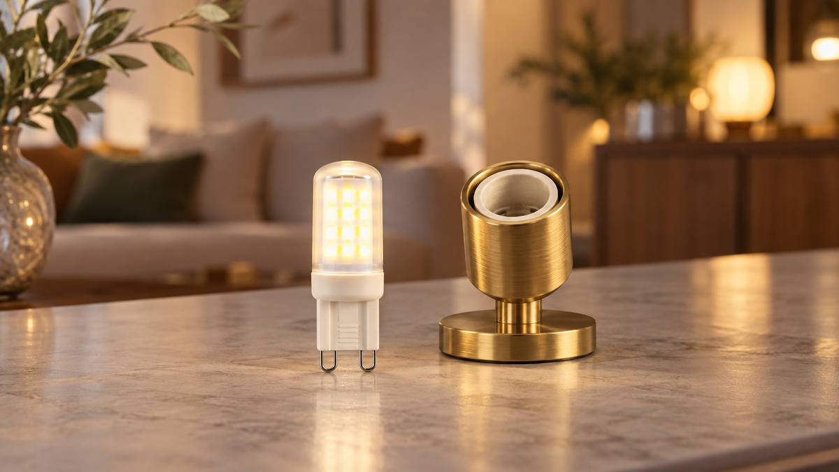 Unbranded compact G9 LED smart bulb beside a small decorative fixture socket