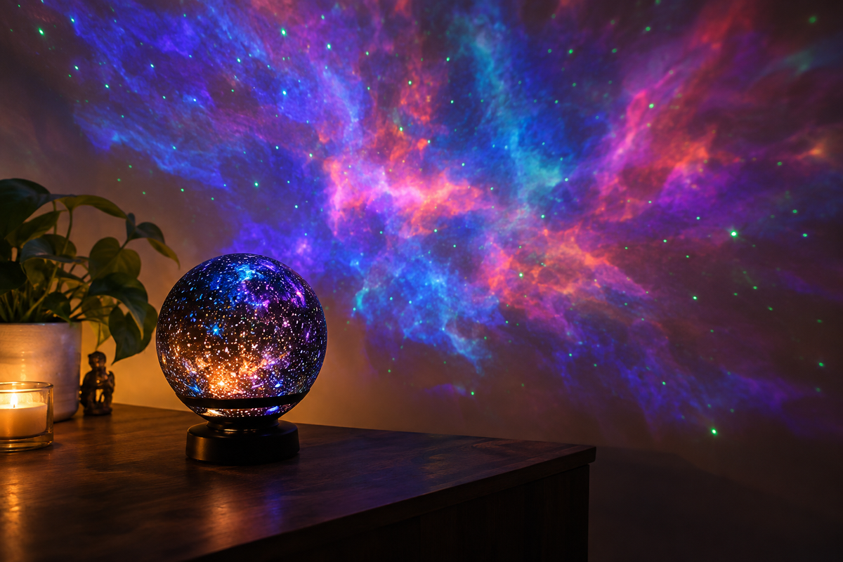 Unbranded globe light projector casting soft galaxy patterns on a wall