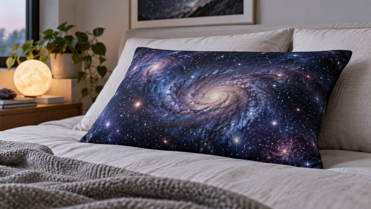 Unbranded galaxy-pattern pillow with a memory foam core on simple neutral bedding