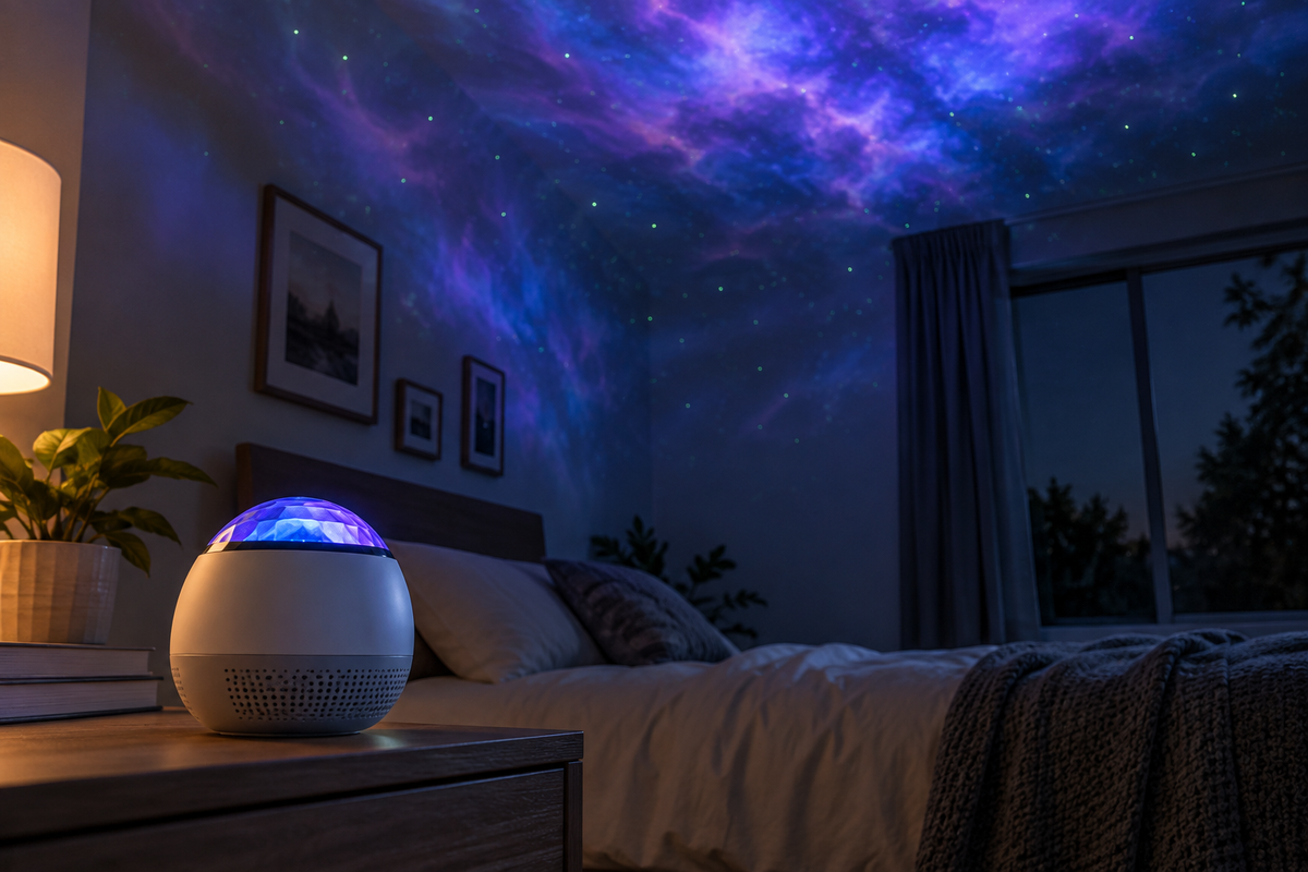Unbranded galaxy projector and speaker casting gentle light in a quiet bedroom