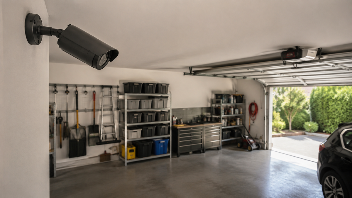 Generic unbranded security camera mounted inside a tidy garage