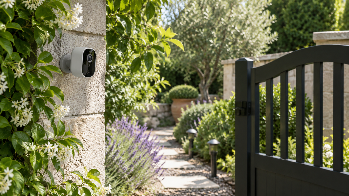 Wireless garden camera monitoring a landscaped path and gate