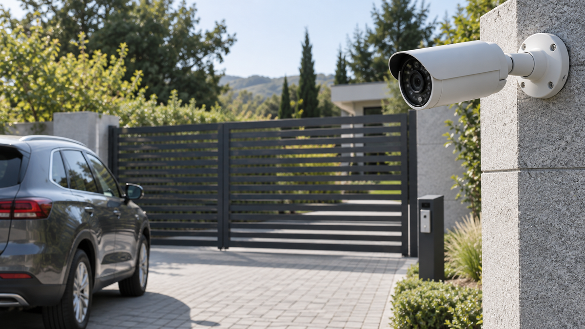 Visible unbranded security camera monitoring an authorized driveway gate in daylight