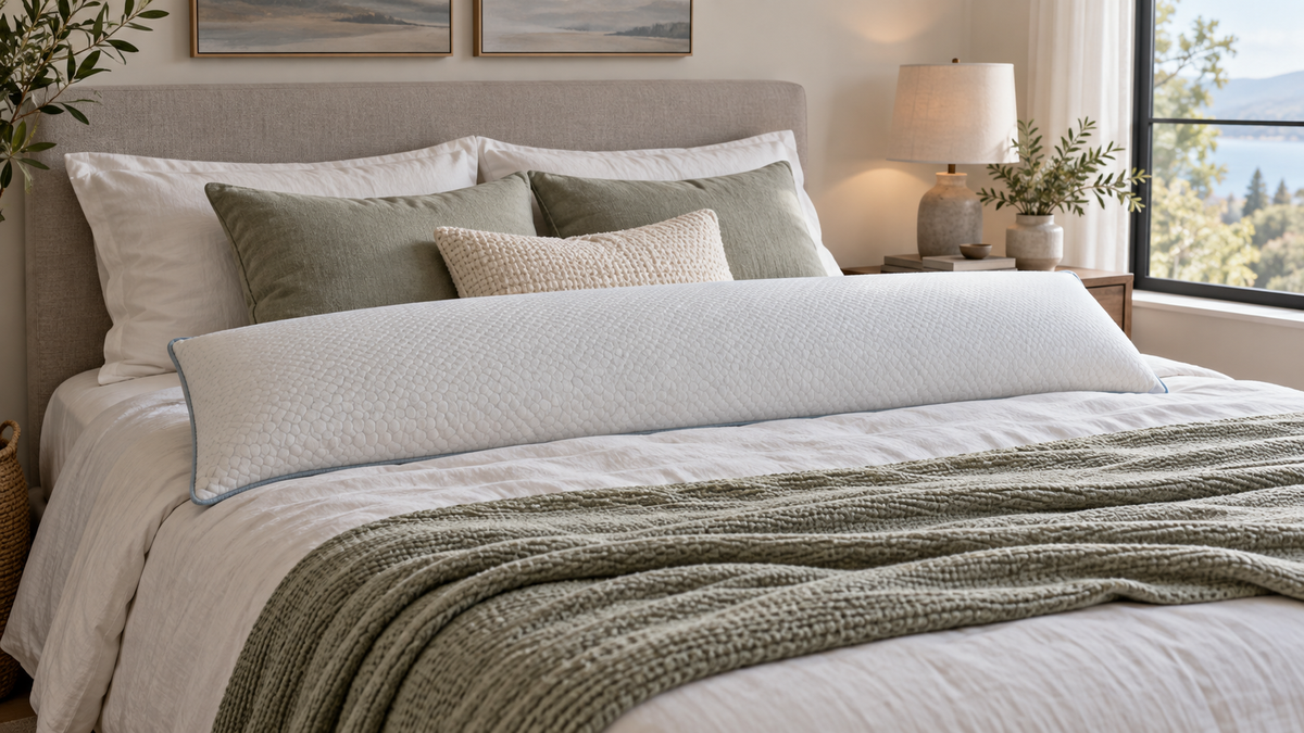 Full-length gel body pillow with a breathable neutral cover arranged on a modern bed