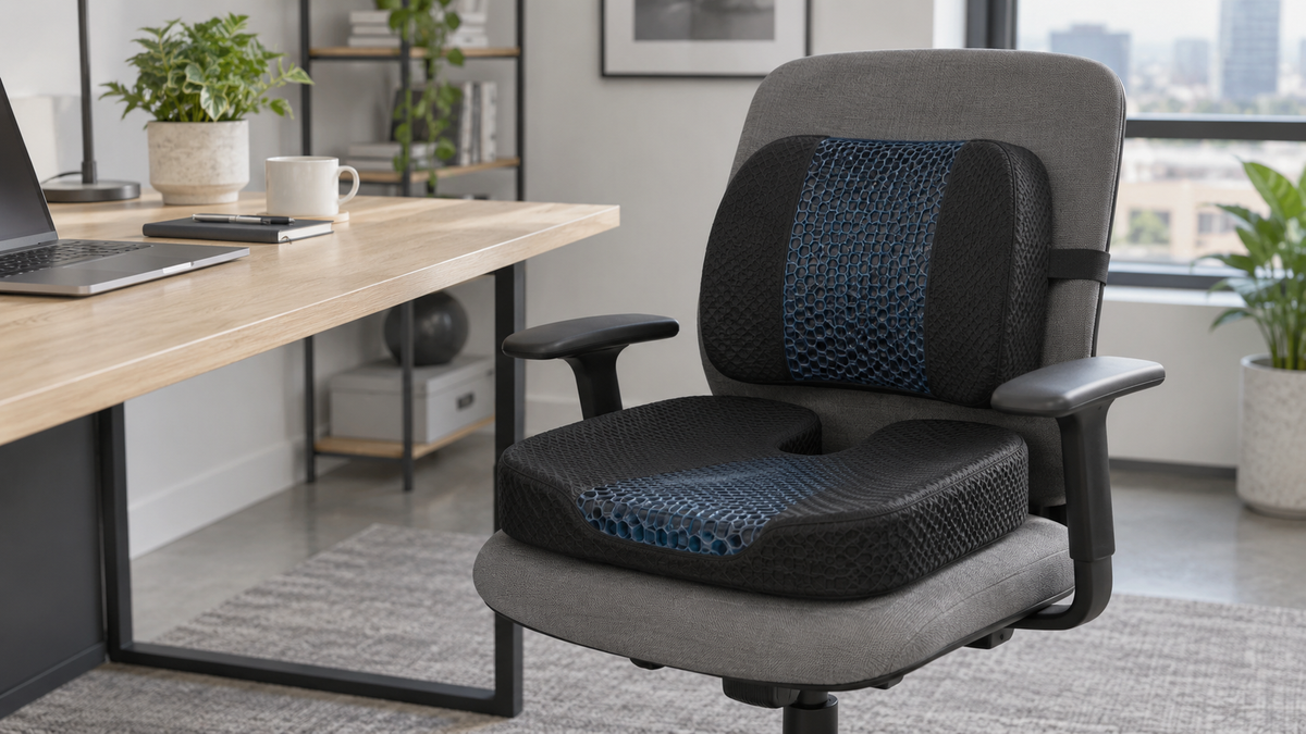 Unbranded gel infused seat and back cushion set fitted to a simple office chair