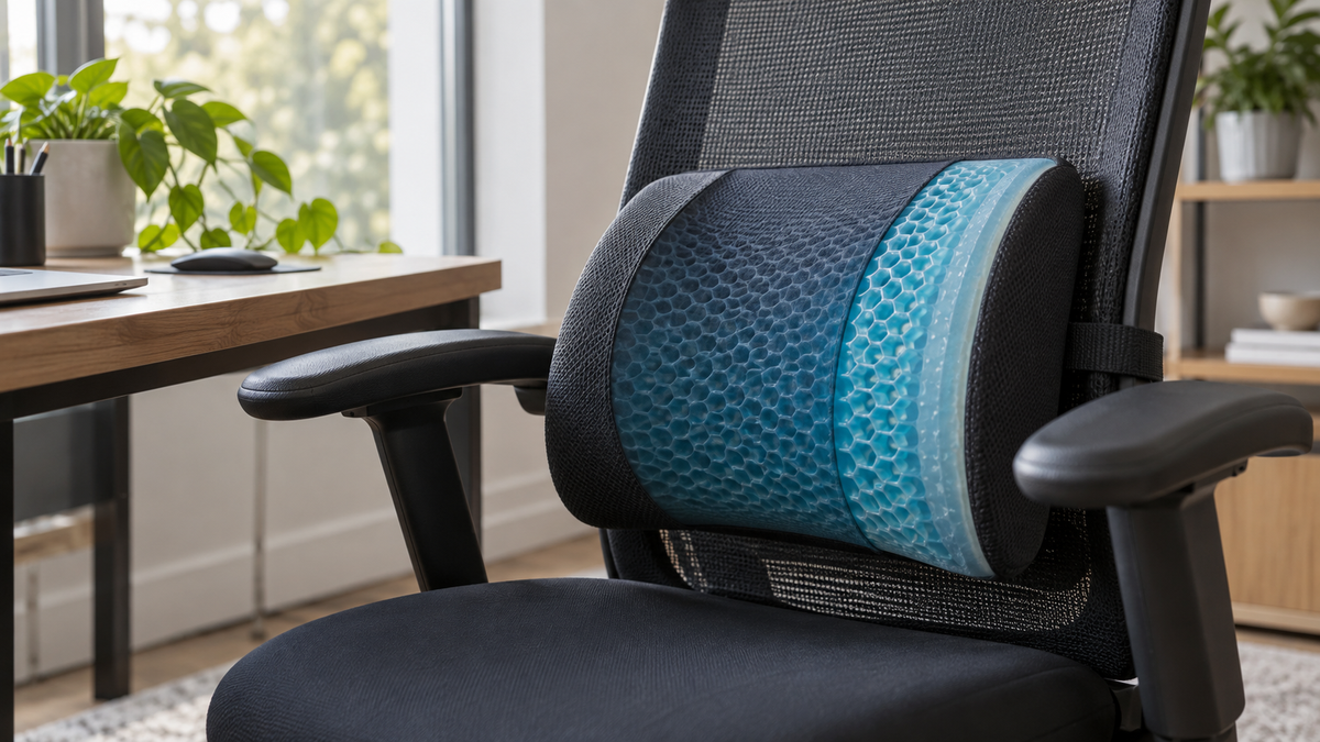 Unbranded gel lumbar cushion fitted to an office chair