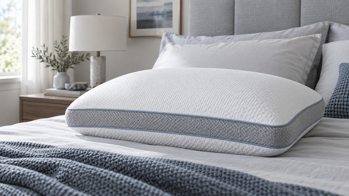 Unbranded gel memory foam gusset pillow with layered edge construction in a cool neutral bedroom