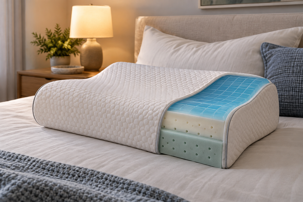 Unbranded gel memory foam pillow on a neutral bed arranged for side sleeping