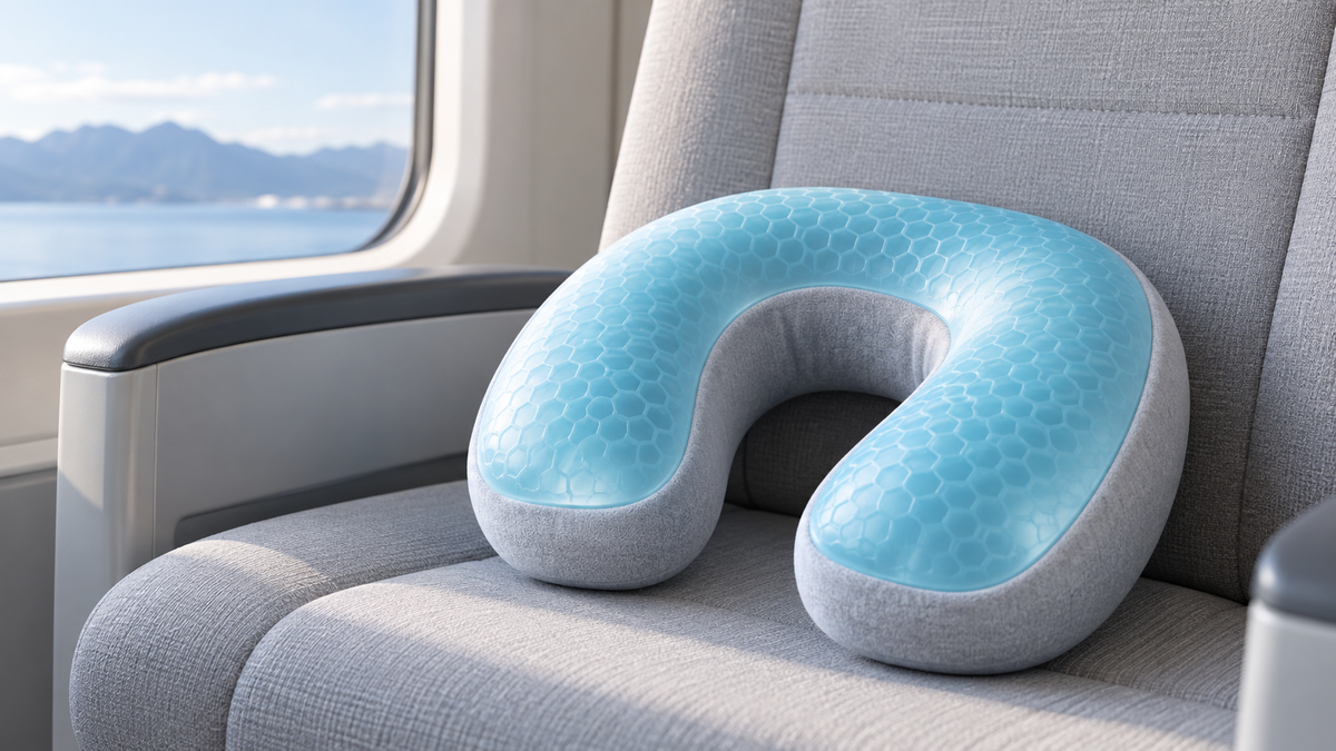 Unbranded gel neck pillow with a cool-toned surface resting on a neutral travel chair
