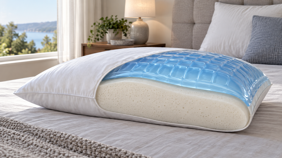 Plain pillow showing a translucent gel overlay above a neutral foam core in a clean bedroom