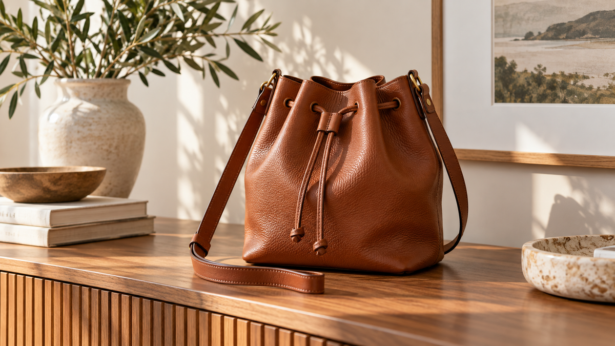 Structured genuine leather bucket bag on a neutral bench in soft daylight