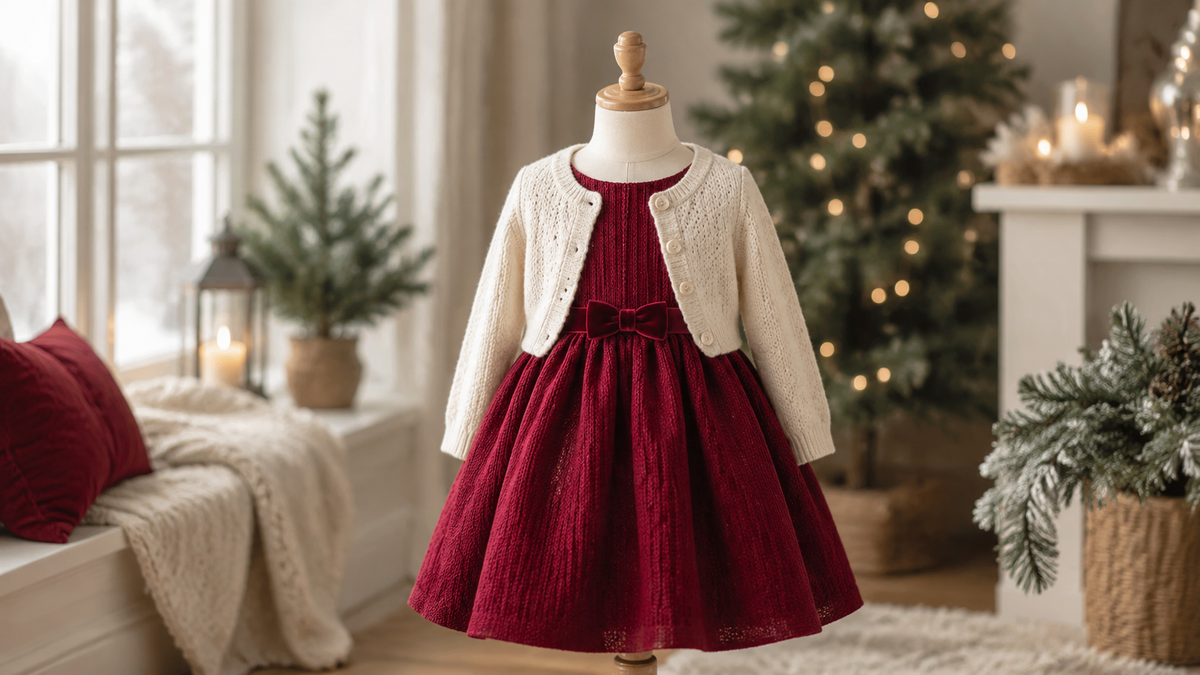 Red girls Christmas dress with a cream cardigan on a child-size dress form