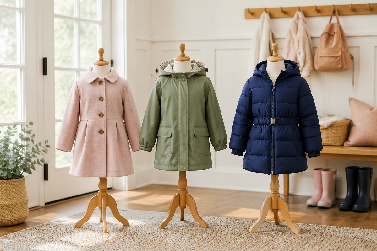 Girls coats displayed on child-size forms in a bright entryway