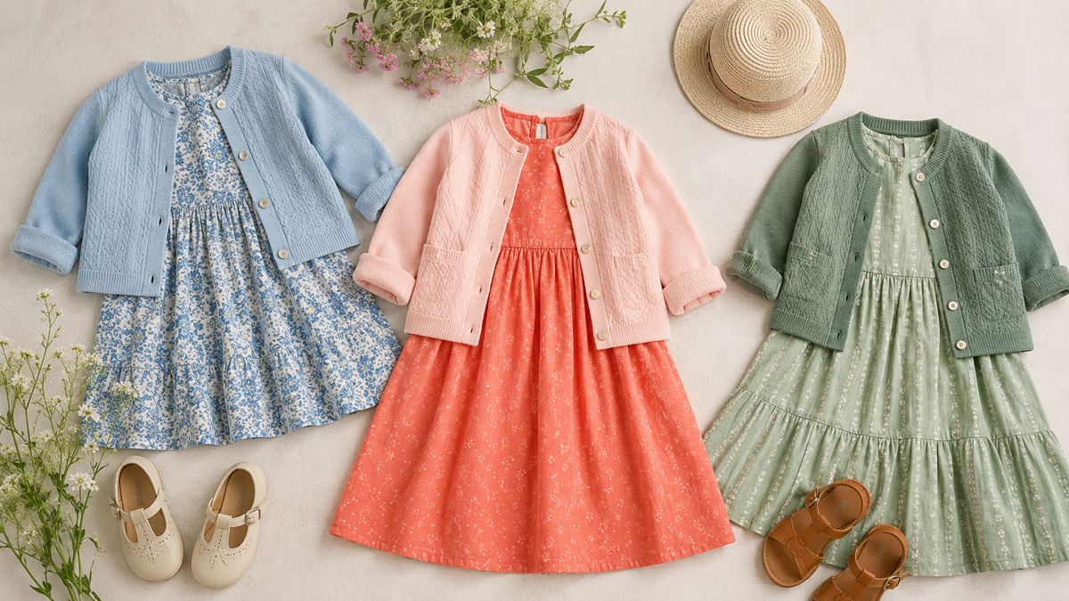 Colorful age-appropriate girls dresses and cardigans arranged in a cheerful flat lay