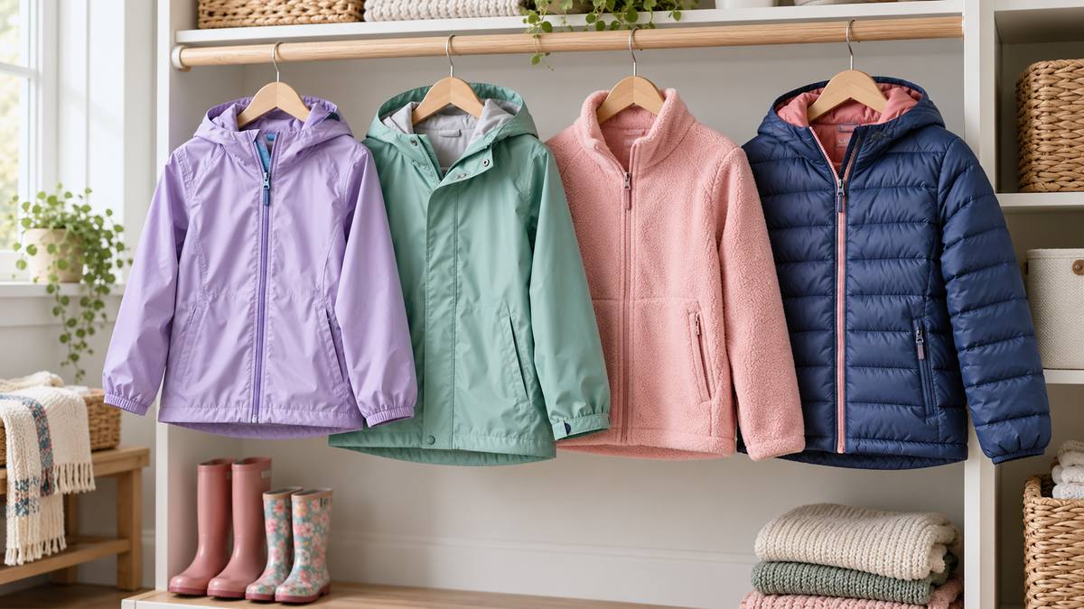 A neat selection of girls jackets arranged for changing weather and everyday wear