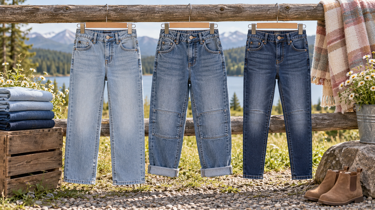 Girls jeans in straight relaxed and tapered fits showing denim construction details