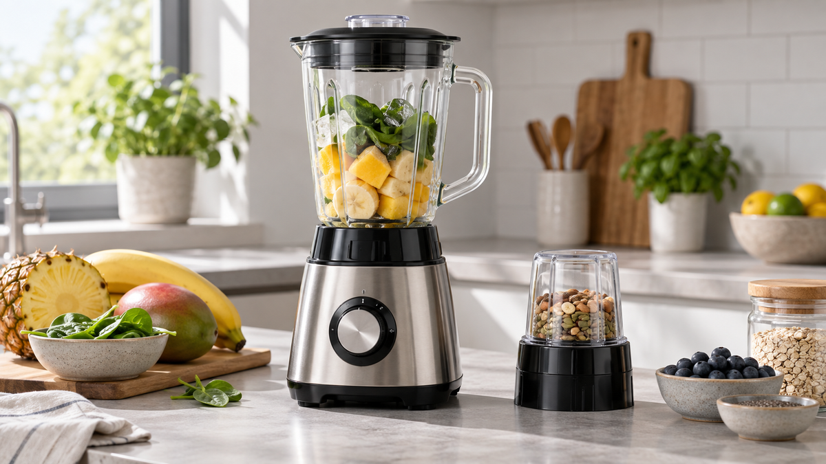 Unbranded countertop blender with clear glass jug and separate compact grinder attachment