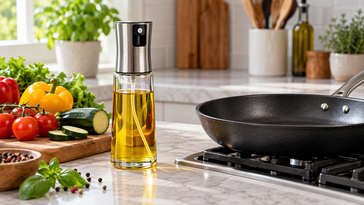 Clear glass oil spray bottle beside a salad bowl on a bright kitchen counter