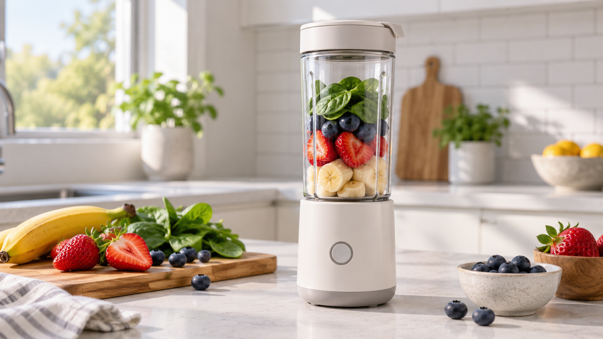 Glass portable blender with fresh fruit ingredients on a kitchen counter