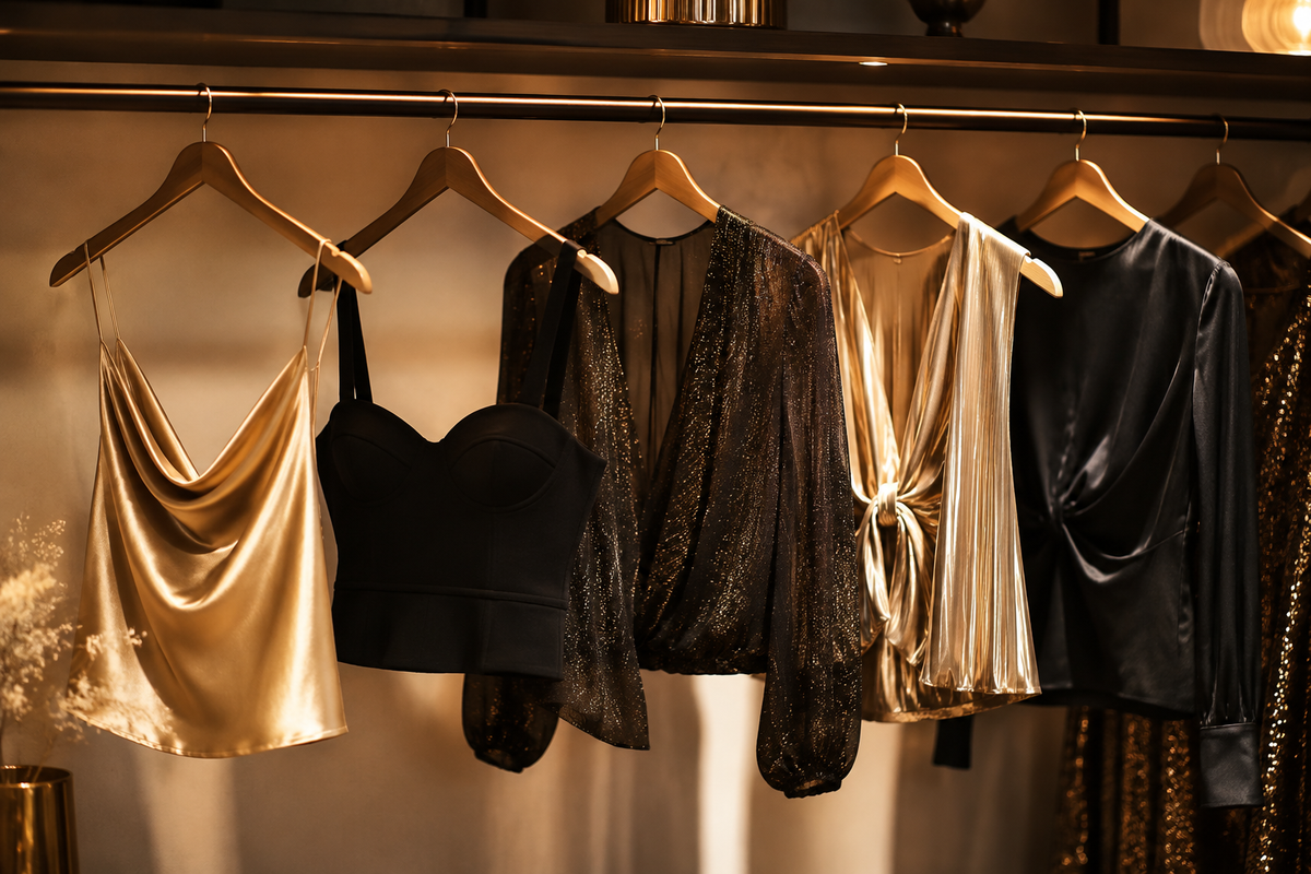 Curated satin structured and subtly shimmering going-out tops on a wardrobe rail