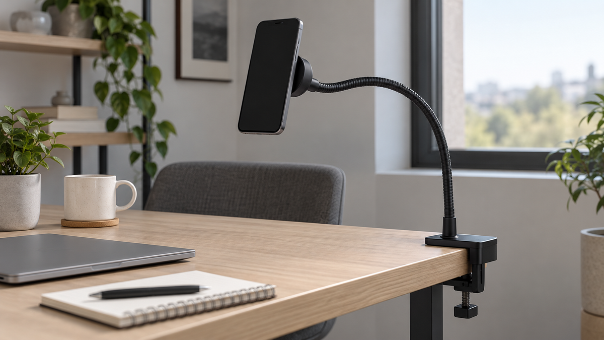 Unbranded gooseneck magnetic holder supporting a blank-screen phone beside a neutral desk