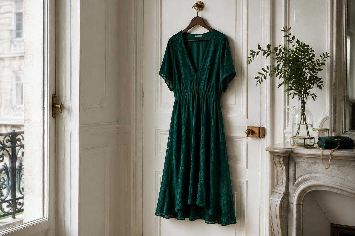 Emerald green dress hanging in an elegant naturally lit room