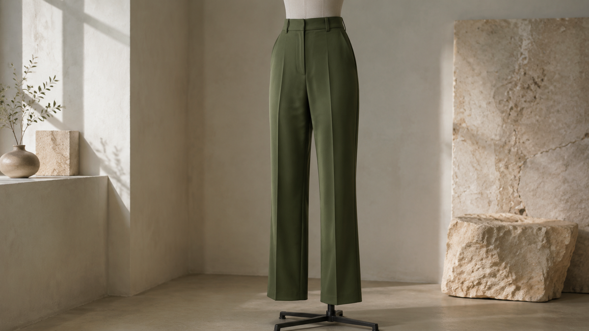Green pants showing tailored fit and drape