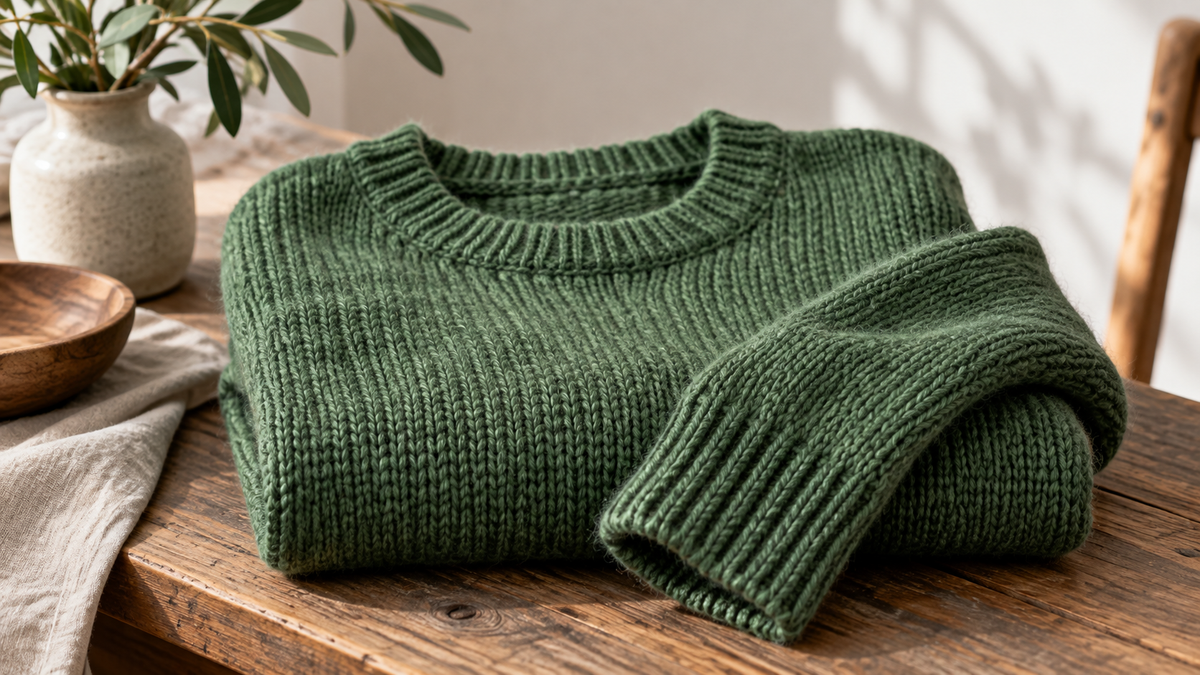 Green knit sweater showing yarn texture and ribbed cuffs