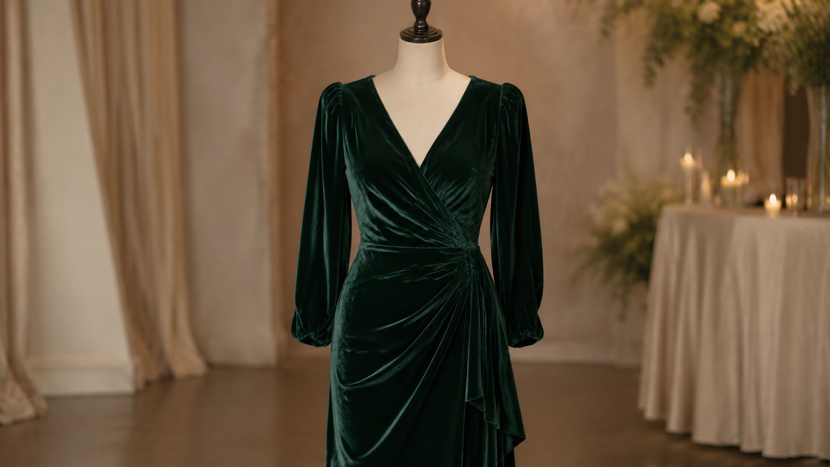Deep green velvet dress on a dress form in a refined event studio