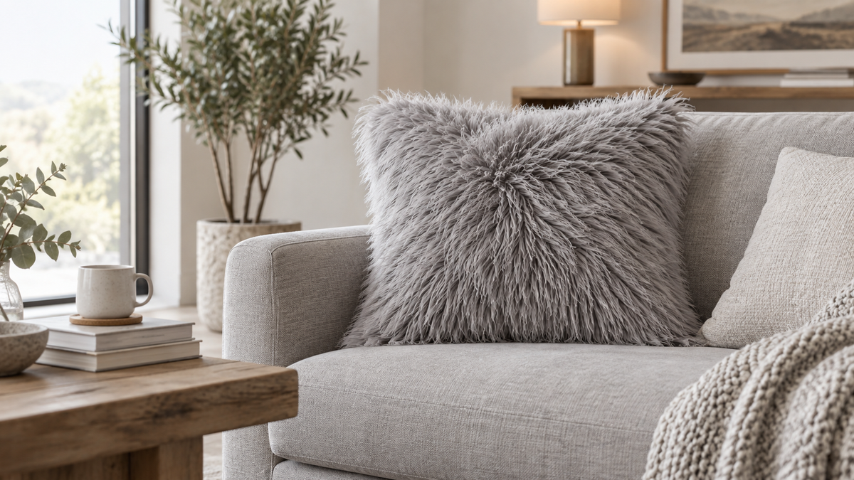 Unbranded grey fluffy decorative pillow on a neutral sofa in soft daylight