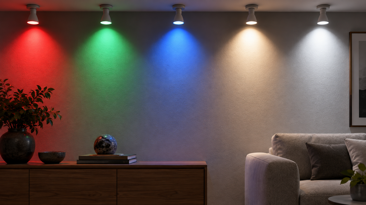 Unbranded GU10 RGB CCT spotlight bulbs casting colored and tunable white light
