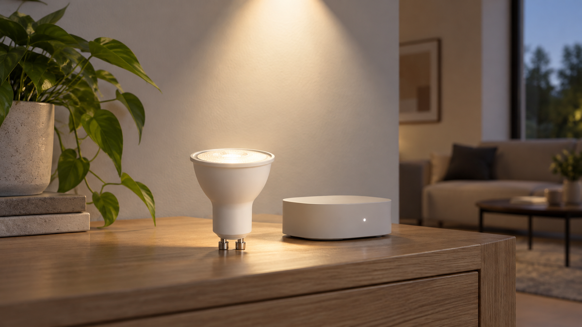 Unbranded GU10 Zigbee spotlight bulb beside a generic smart-home hub in a neutral interior