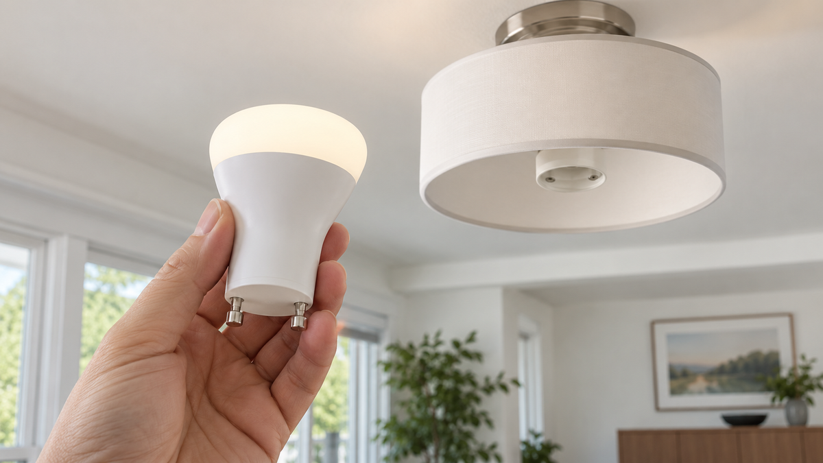 GU24 smart bulb with a two-pin twist-lock base beside a ceiling fixture