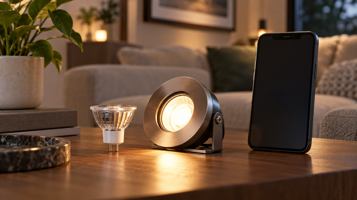 Unbranded GU4 smart bulb beside a small low-voltage fixture and generic phone controls