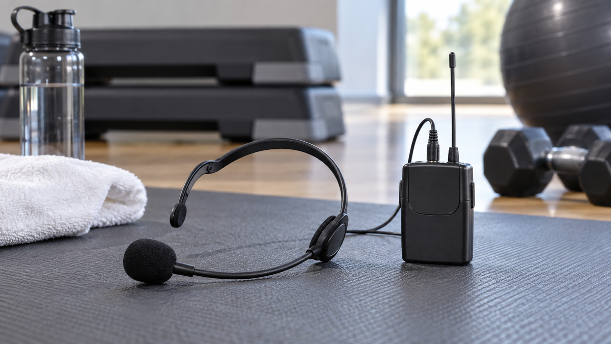 Fitness headset microphone and transmitter beside workout equipment