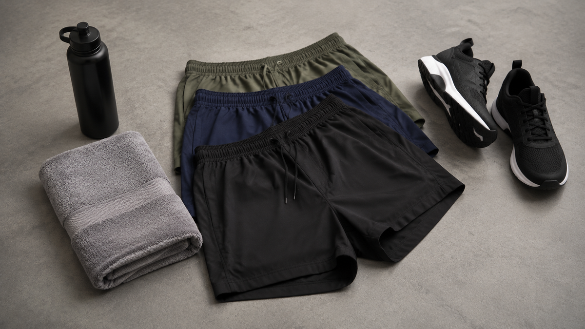 Assorted gym shorts arranged with neutral workout essentials