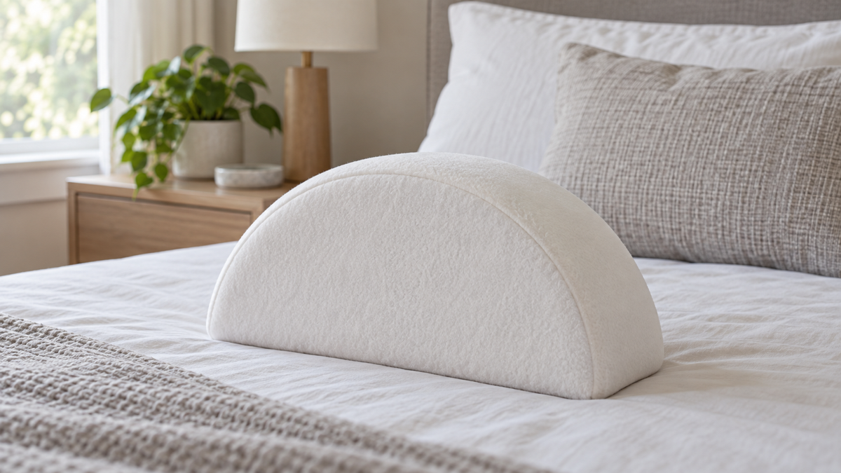 Unbranded half-moon knee pillow positioned on a neutral bed for size comparison