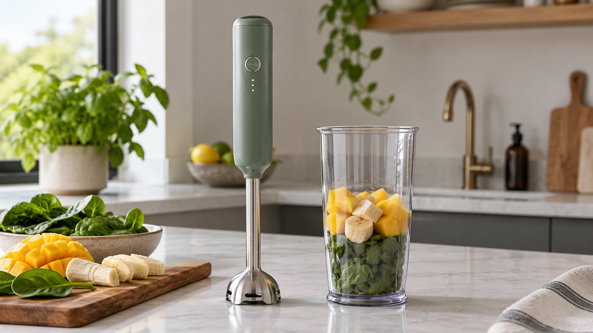 Unbranded USB rechargeable hand blender beside a blending cup on a clean kitchen surface