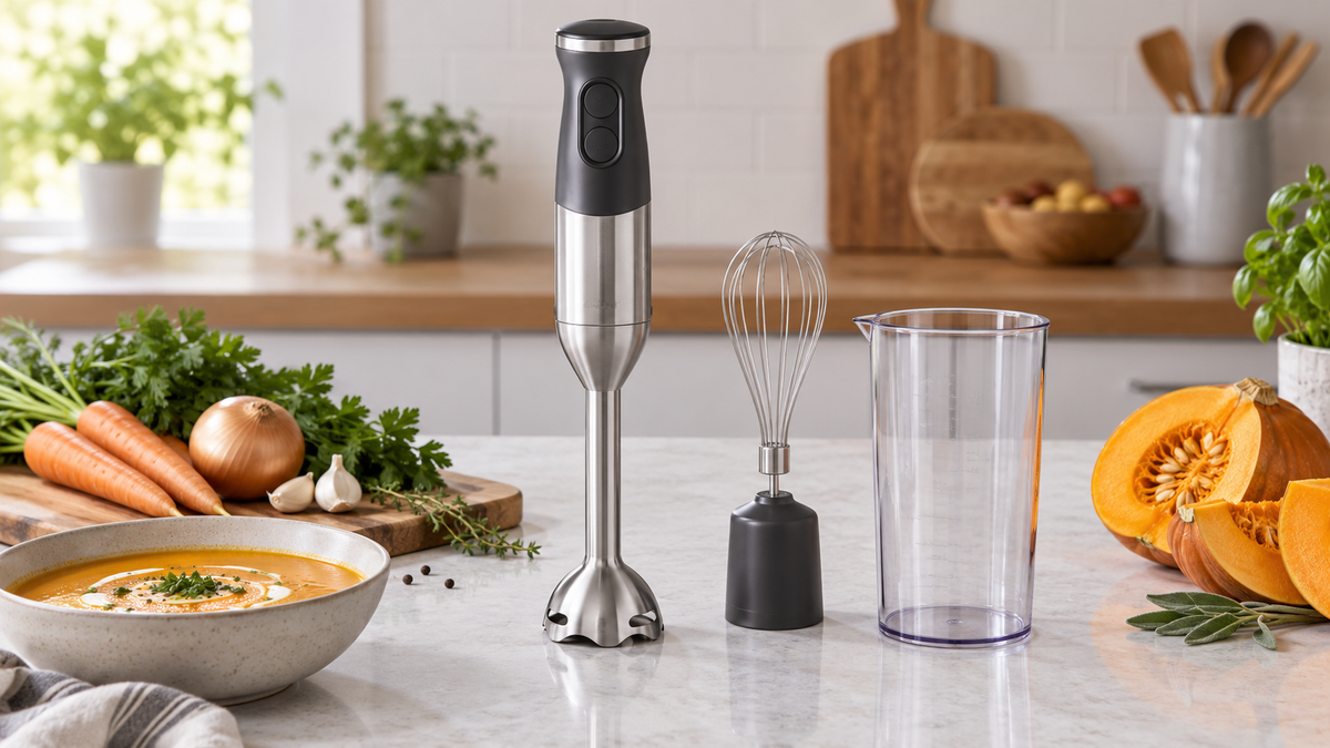Hand food blender with whisk and beaker attachments on a kitchen counter