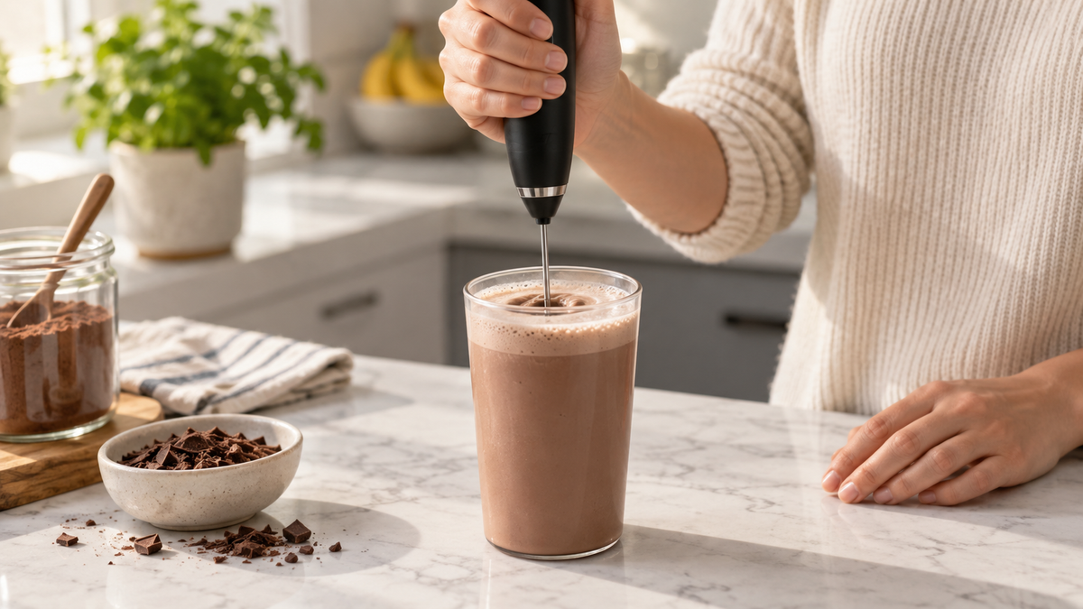 Unbranded hand held electric drink mixer frothing a beverage in a tall plain cup