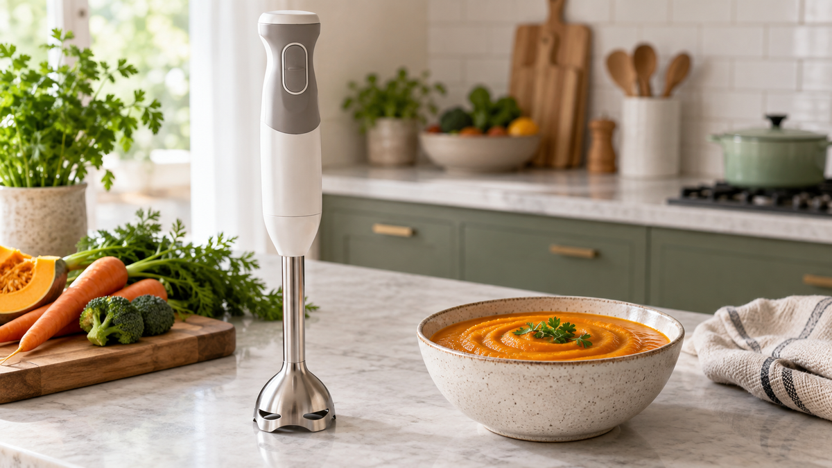 Unbranded hand held food puree machine beside a bowl of smooth vegetable puree on a clean kitchen counter